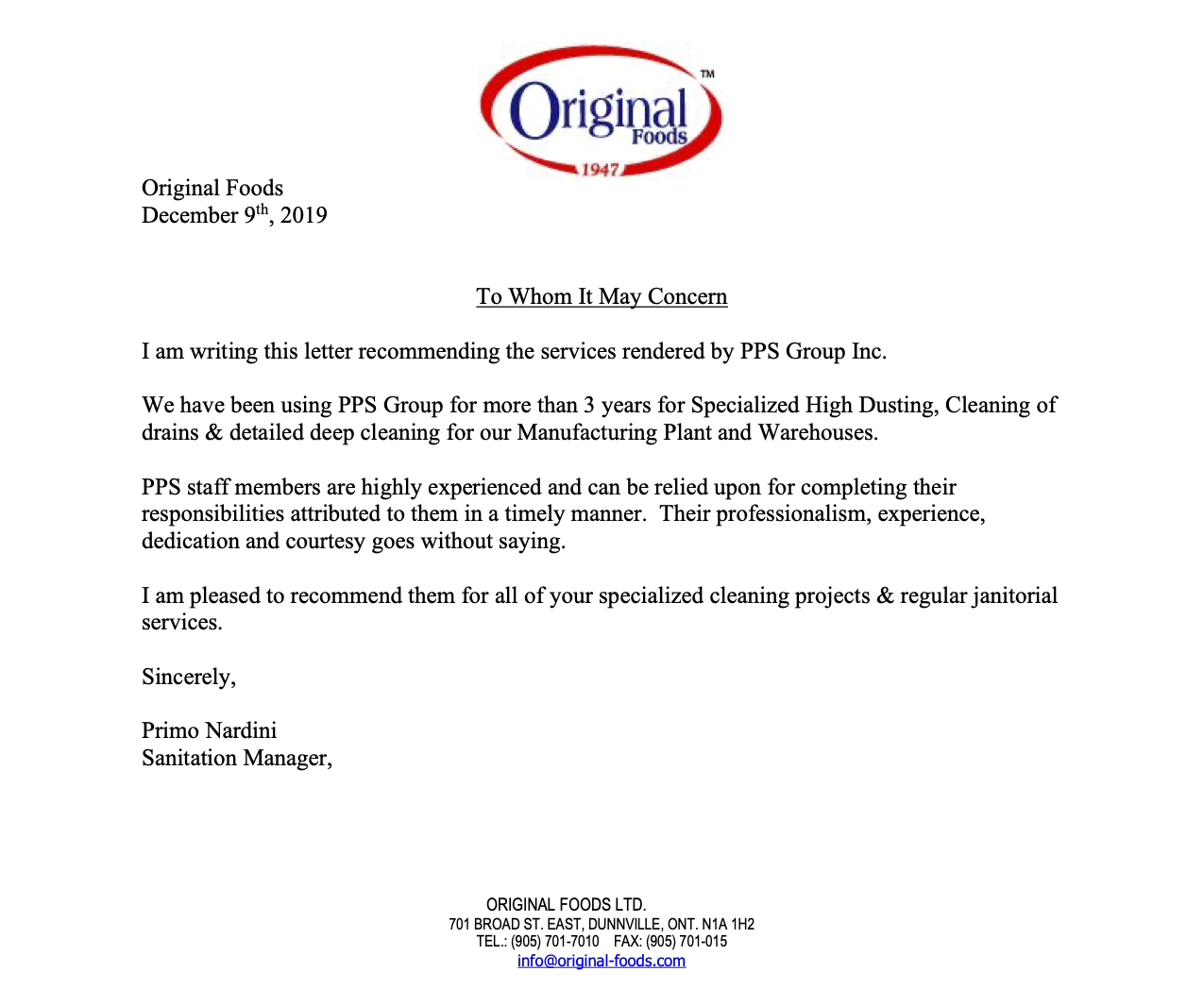 Original Foods Recommendation Letter